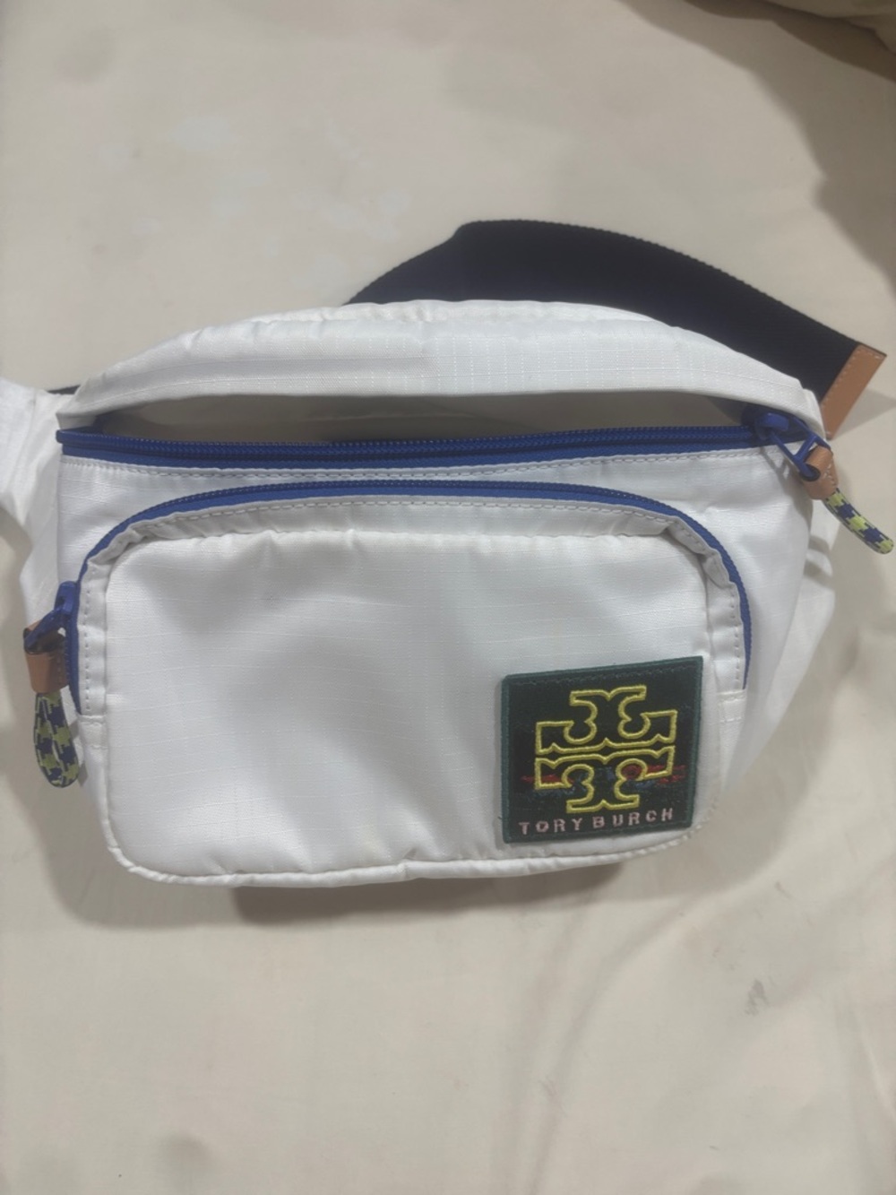 Tory Burch White Nylon Shoulder/Belt Bag with Blue Trim and Green Logo Patch